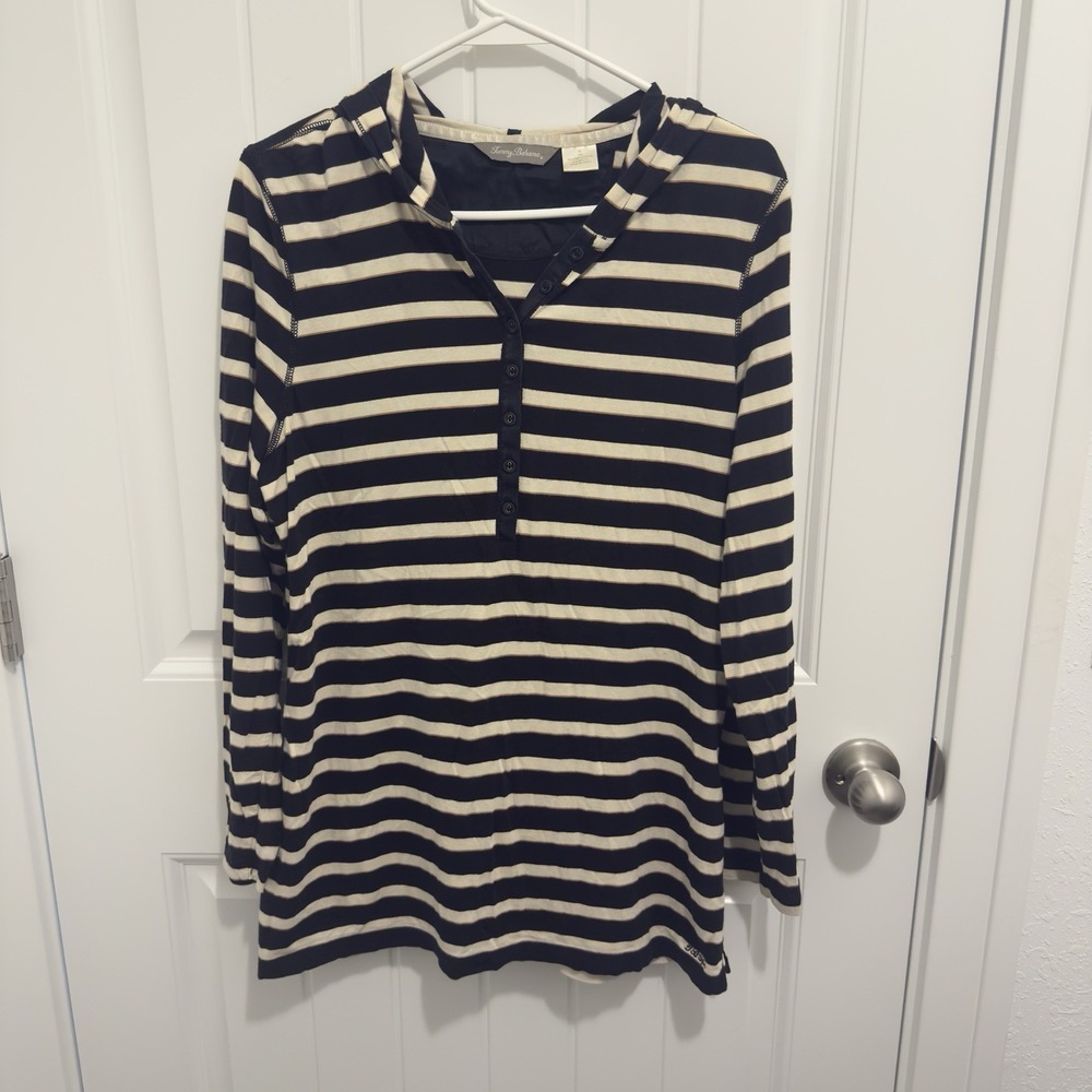 Tommy Bahama Women's Black Cream Strip Hooded Athleisure Shirt Size XL